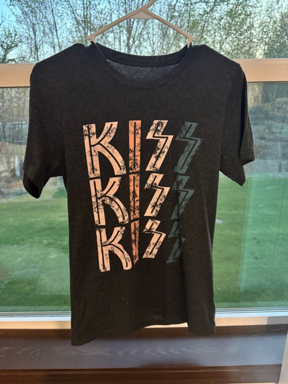 Women's KISS Graphic Tee - Charcoal with Pink & Teal Accents
